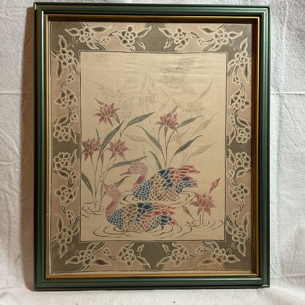 Vintage Framed 17 x 21.5 Inches Indonesian Batik Print Featuring Water Fowl